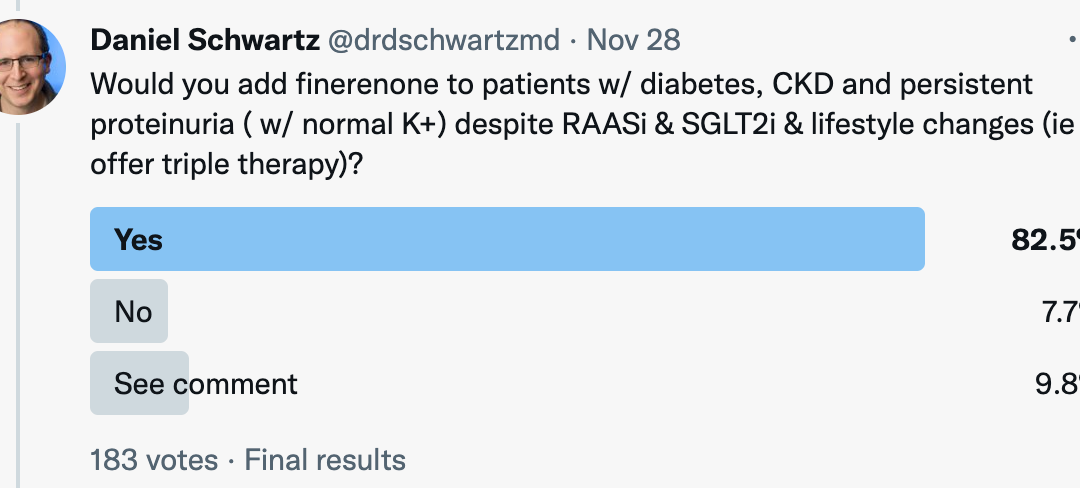 Should patients w/ diabetes, CKD and proteinuria despite RAASi & SGLT2i be considered for add-on therapy with finerenone (triple therapy)?